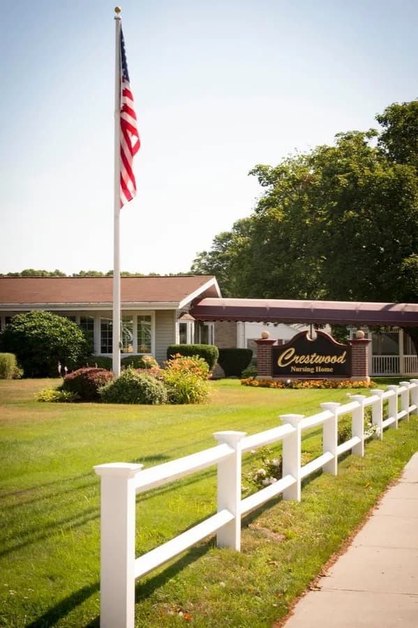 Crestwood Nursing and Rehabilitation Center entrance and front lawn in Warren, Rhode Island
